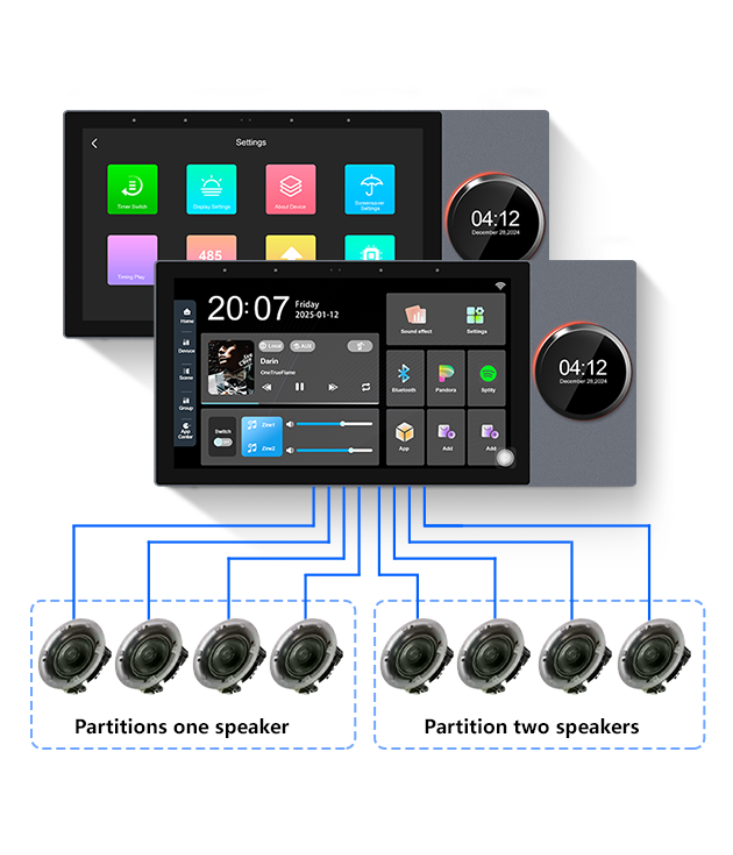 7" touch screen control panel with gateway&music play  built in 8 ways speakers and 2 zoons control built in google play&youtube