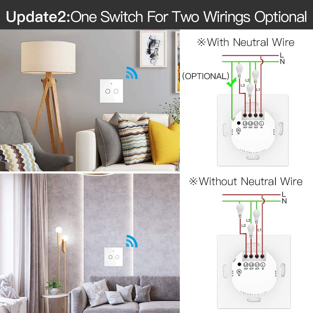 MOES Tuya ZigBee 1/2/3 Gang Smart Touch Switch, Neutral Wire Optional No Capacitor Needed