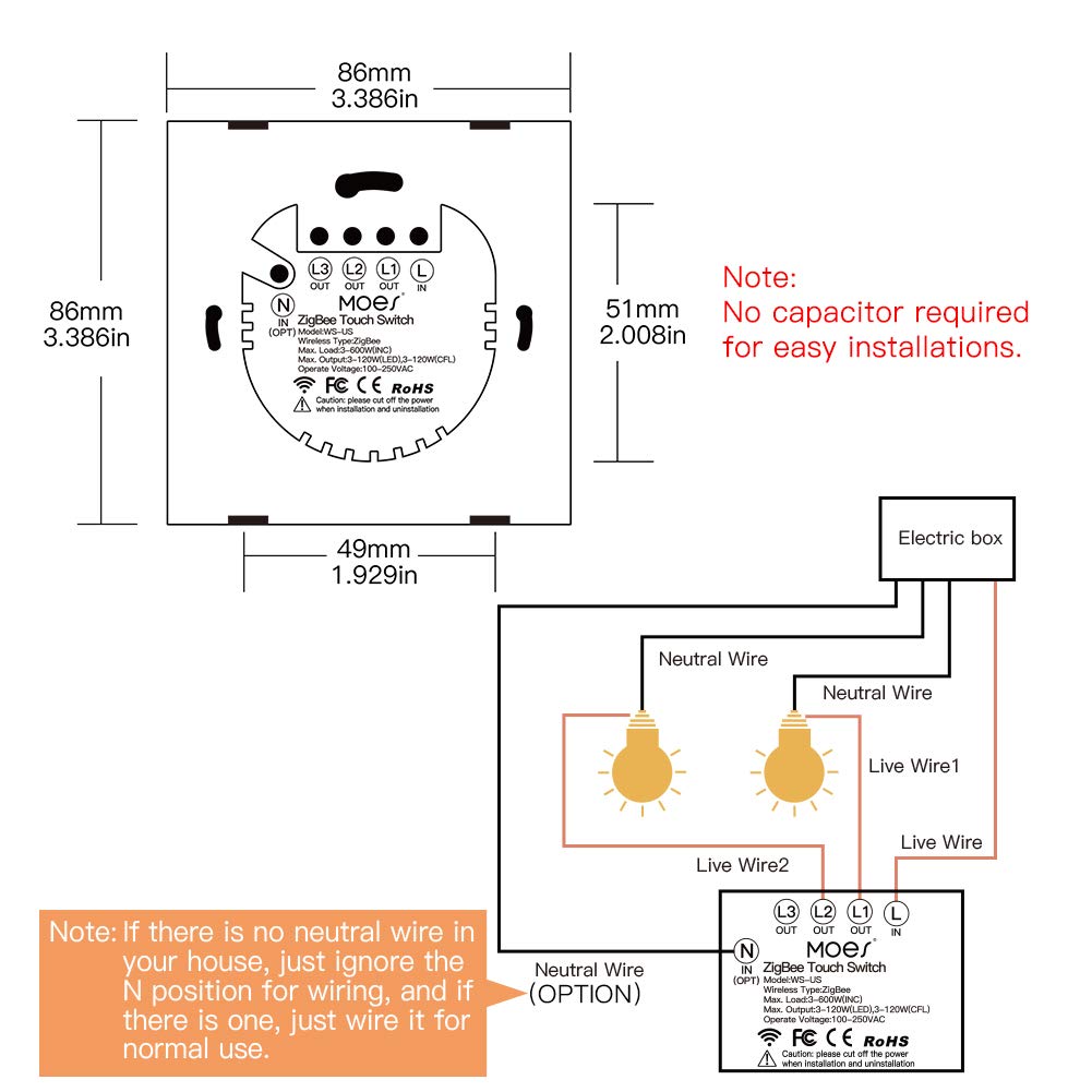 MOES Tuya ZigBee 1/2/3 Gang Smart Touch Switch, Neutral Wire Optional No Capacitor Needed