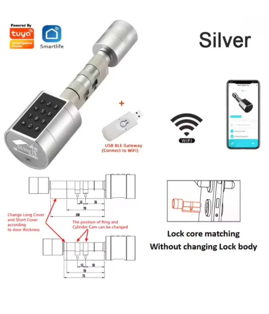 DUSNETS Cylinder Electronic Smart Door Lock Tuya APP Fingerprint Digital Keypad Code Key Card Remote Control Adjustable Home Apartment