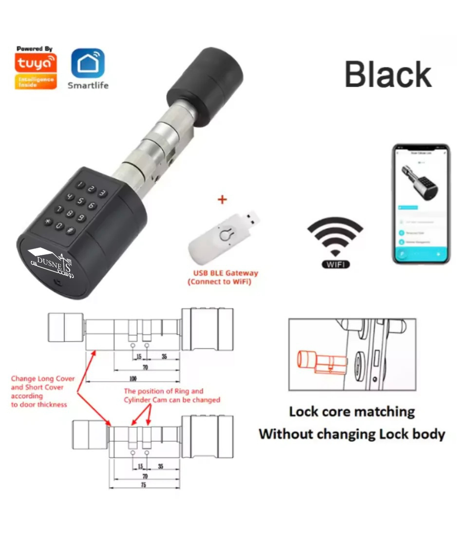 DUSNETS Cylinder Electronic Smart Door Lock Tuya APP Fingerprint Digital Keypad Code Key Card Remote Control Adjustable Home Apartment