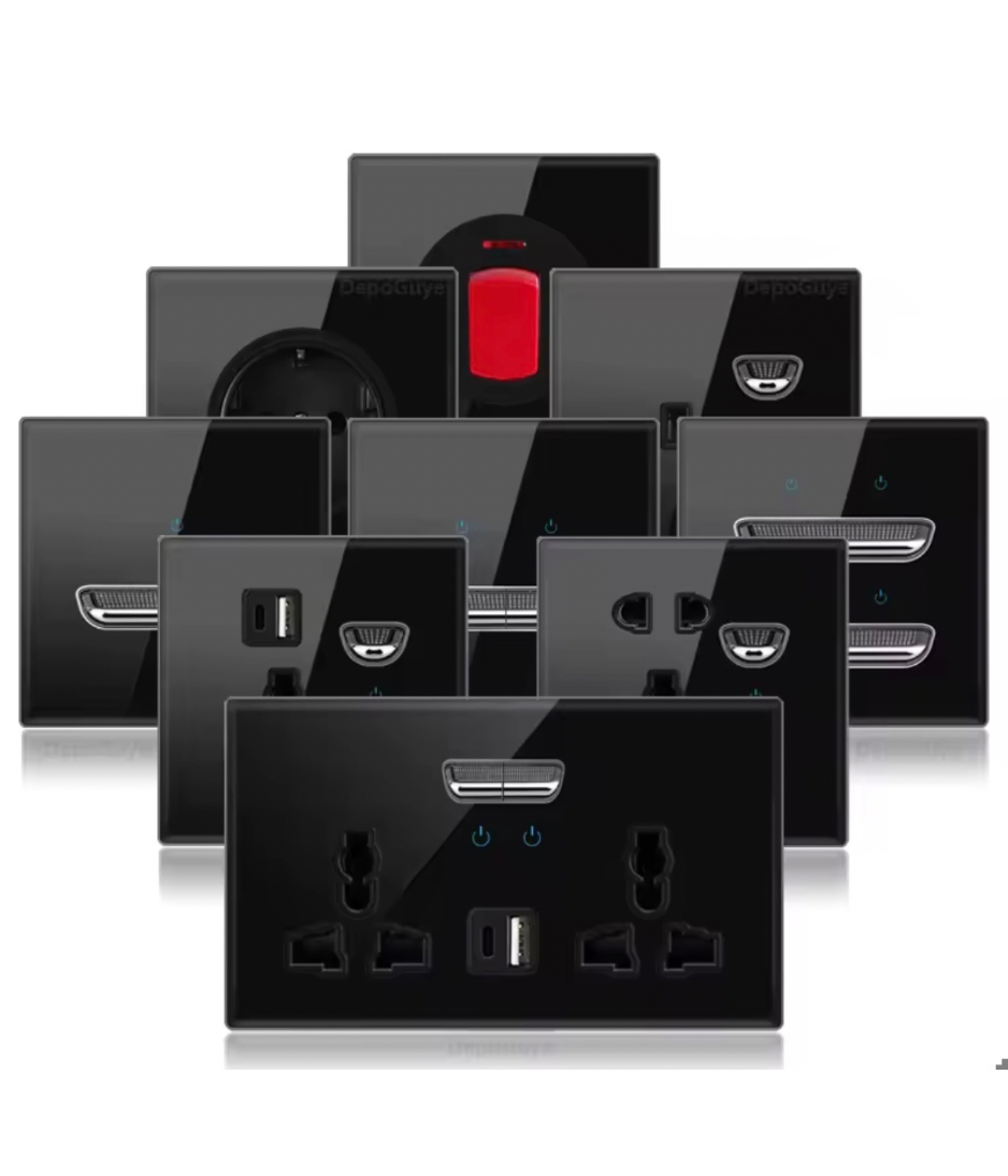 Black Tempered Glass Wall Switch Panel Led, Socket, Toggle Light Switch,  Net Socket, Fan Switch, Dimmer Switch Knob