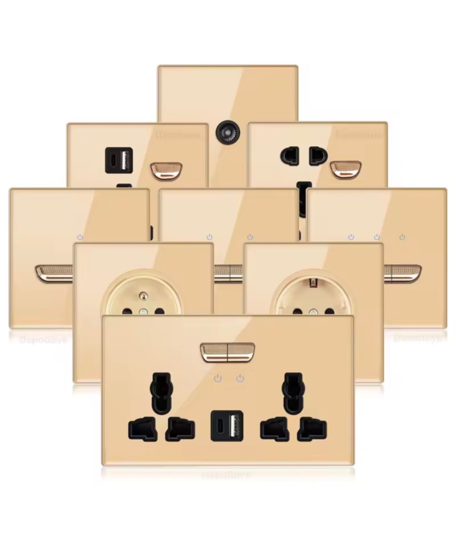 Gold Tempered Glass Wall Switch Panel Led, Socket, Toggle Light Switch,  Net Socket, Fan Switch, Dimmer Switch Knob