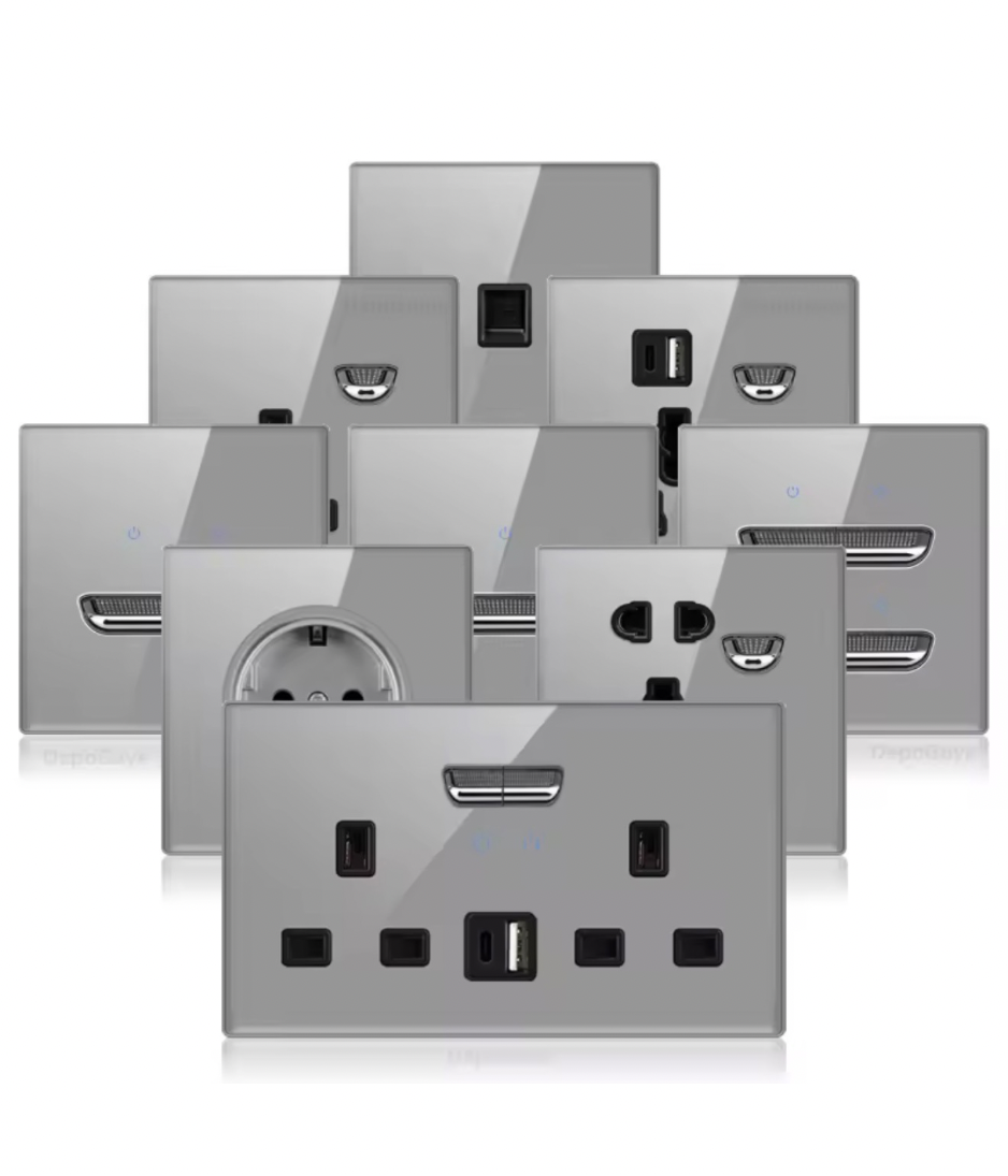 Grey Tempered Glass Wall Switch Panel Led, Socket, Toggle Light Switch,  Net Socket, Fan Switch, Dimmer Switch Knob