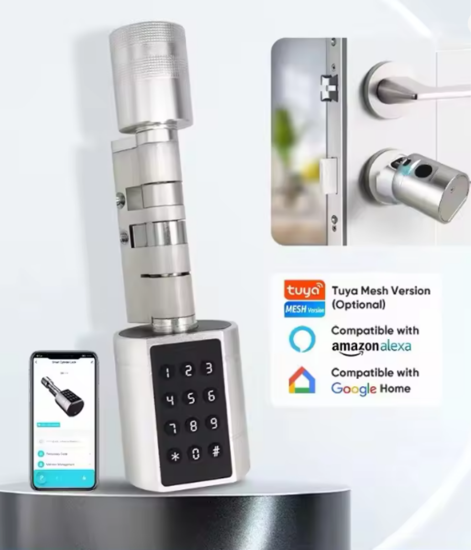 DUSNETS Cylinder Electronic Smart Door Lock Tuya APP Fingerprint Digital Keypad Code Key Card Remote Control Adjustable Home Apartment