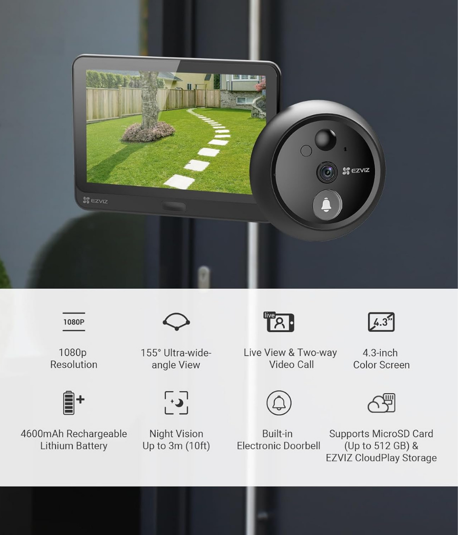 EZVIZ HP4 Wirefree Peephole Door Viewer Camera with Built in Doorbell, 1080p 4.3" Color Screen, Rechargeable Battery, Two-Way Talk, Night Vision, H.265 Video Tech, Ultra-wide-angle View, MicroSD Card