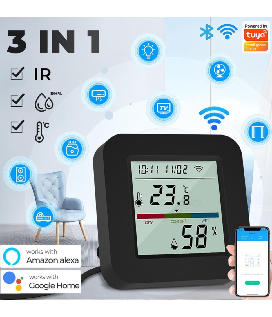 Sanofuturion WiFi Smart IR Remote Control, 3-in-1 Smart AC Controller with Temperature Humidity Sensor n Display, Intelligent Control of T&H for Home Greenhouse Pet Garage, Compatible with Alexa