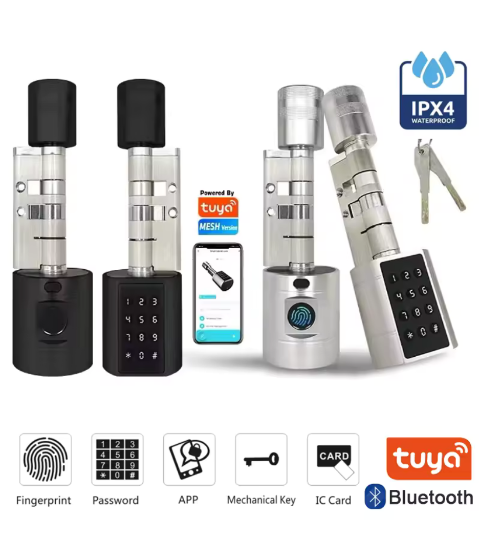DUSNETS Cylinder Electronic Smart Door Lock Tuya APP Fingerprint Digital Keypad Code Key Card Remote Control Adjustable Home Apartment