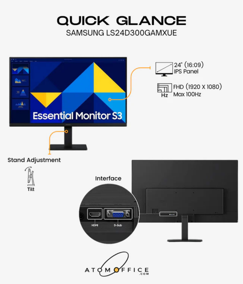 Samsung 24" LS24D300GAM FHD Flat Monitor IPS Panel 100 Hz - HDMI, VGA
