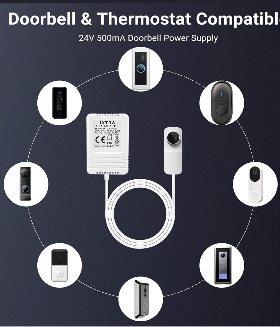 Doorbell Transformer, 24V 500MA AC/AC Power Adapter for Ring Video Doorbell, 8M C Wire Adapter Compatible with Thermostat for Ecobee, Sensi and Honeywell,8m Long Cable