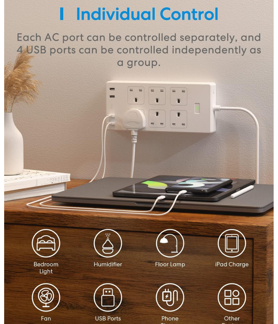 meross WIFI Power Extension, 6 AC Outlets 4 USB Ports Extension Lead, Compatible with Apple Homekit SmartThings Alexa Google Home, Voice/Remote Control Surge Protector with USB, 2.4GHz, 6ft Cord Long