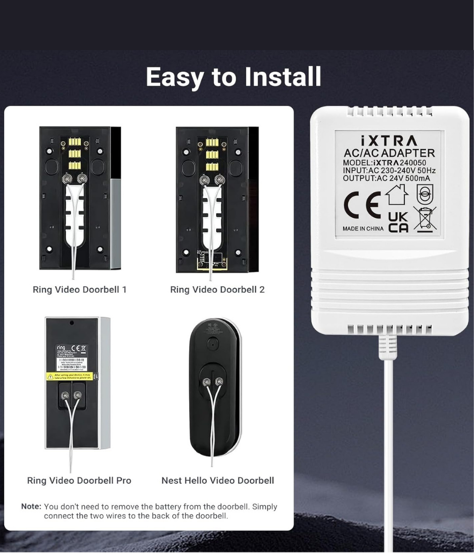 Doorbell Transformer, 24V 500MA AC/AC Power Adapter for Ring Video Doorbell, 8M C Wire Adapter Compatible with Thermostat for Ecobee, Sensi and Honeywell,8m Long Cable