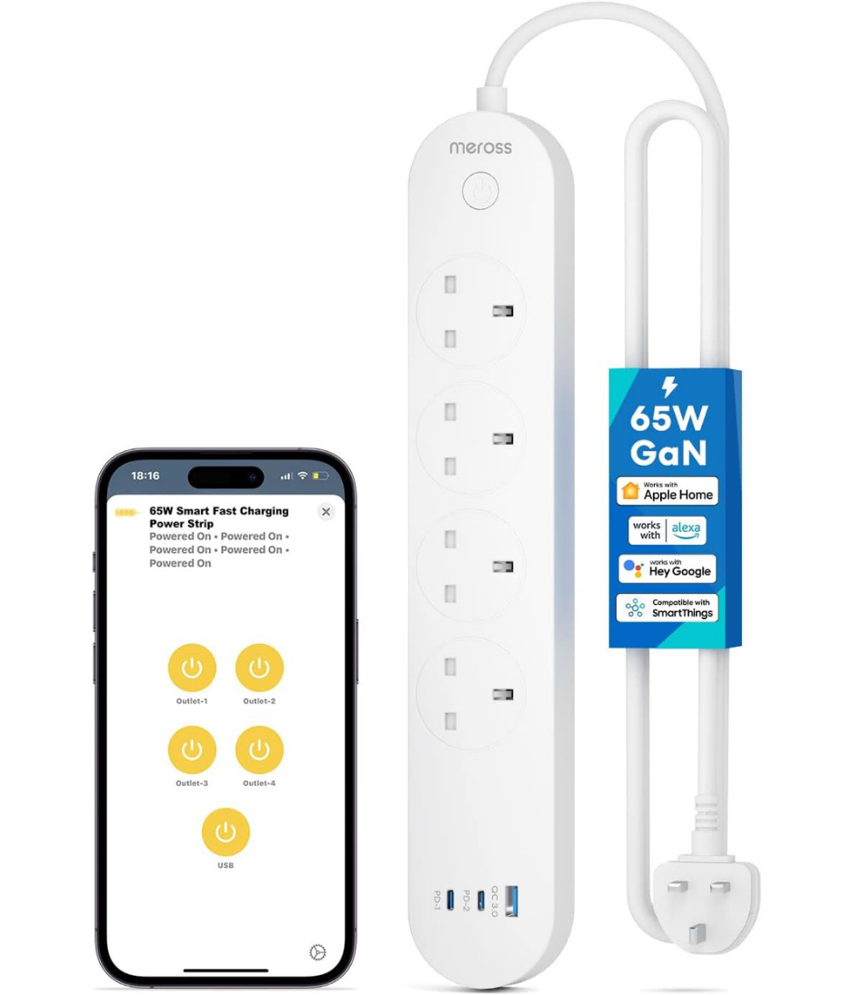 Meross Smart Power Extension, 65W GaN Fast Charger, 4 Outlet + 2 USB C + 1 USB A, WiFi Plug with 2 PD Ports, Support Apple HomeKit, Alexa, Google Home and SmartThings, Voice/Remote Control, 2.4GHz Only