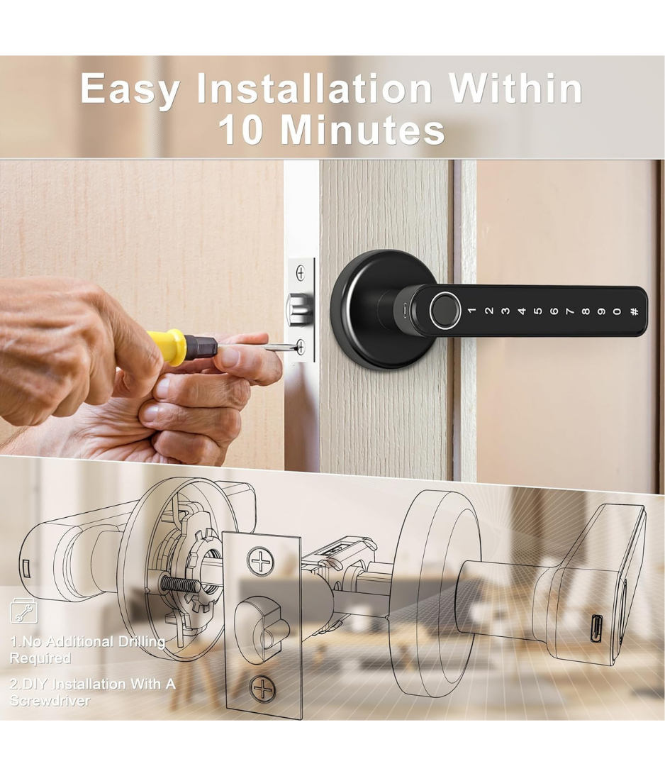 Smart Lock Fingerprint Smart Door Lock with Keypad Handle for Home, Apartment, Office, Front Door, Bedroom, Keyless Entry Door Lock (Tuya APP(Bluetooth Version))