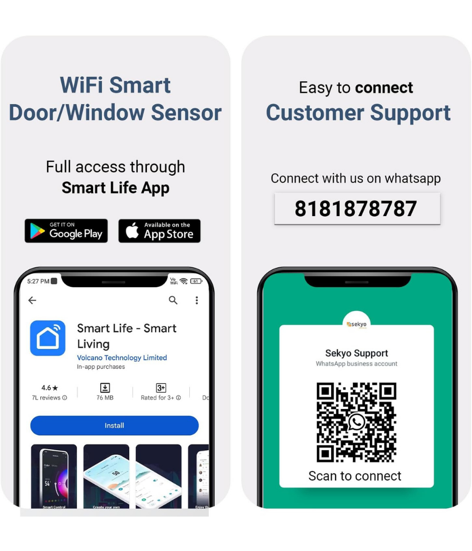 sekyo Smart WiFi Door Sensor Home| No Hub Required| App Alert, Works with Tuya Smart Life Devices, Compatible with Alexa, Google Home, Siri| Smart WiFi Door Sensor for Home/Office (Phone Alert)