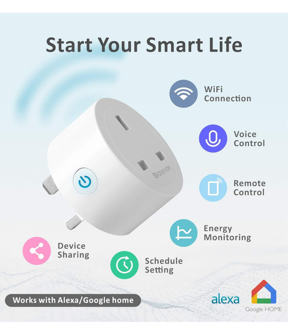 WiFi Smart Plug, Baytion 16A Energy Monitoring WLAN Smart Plug Socket Work with Alexa,Echo, Mini Smart Outlet Remote and Voice Control No Hub Required (White Package)