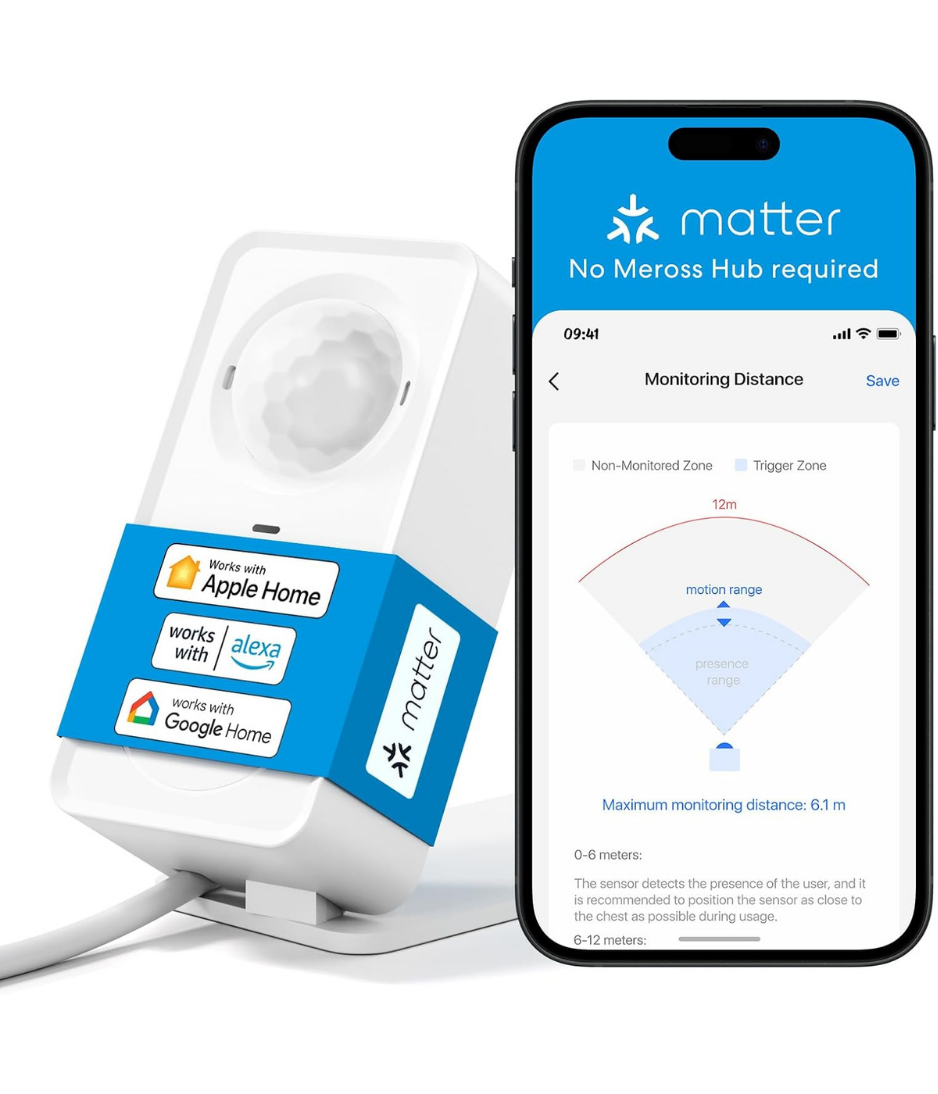 Meross MS600 Presence Detector, Radar Presence Sensor Millimetre Wave+PIR, Supports Matter, HomeKit, Alexa, Google Home and Home Assistant, No Hub Required