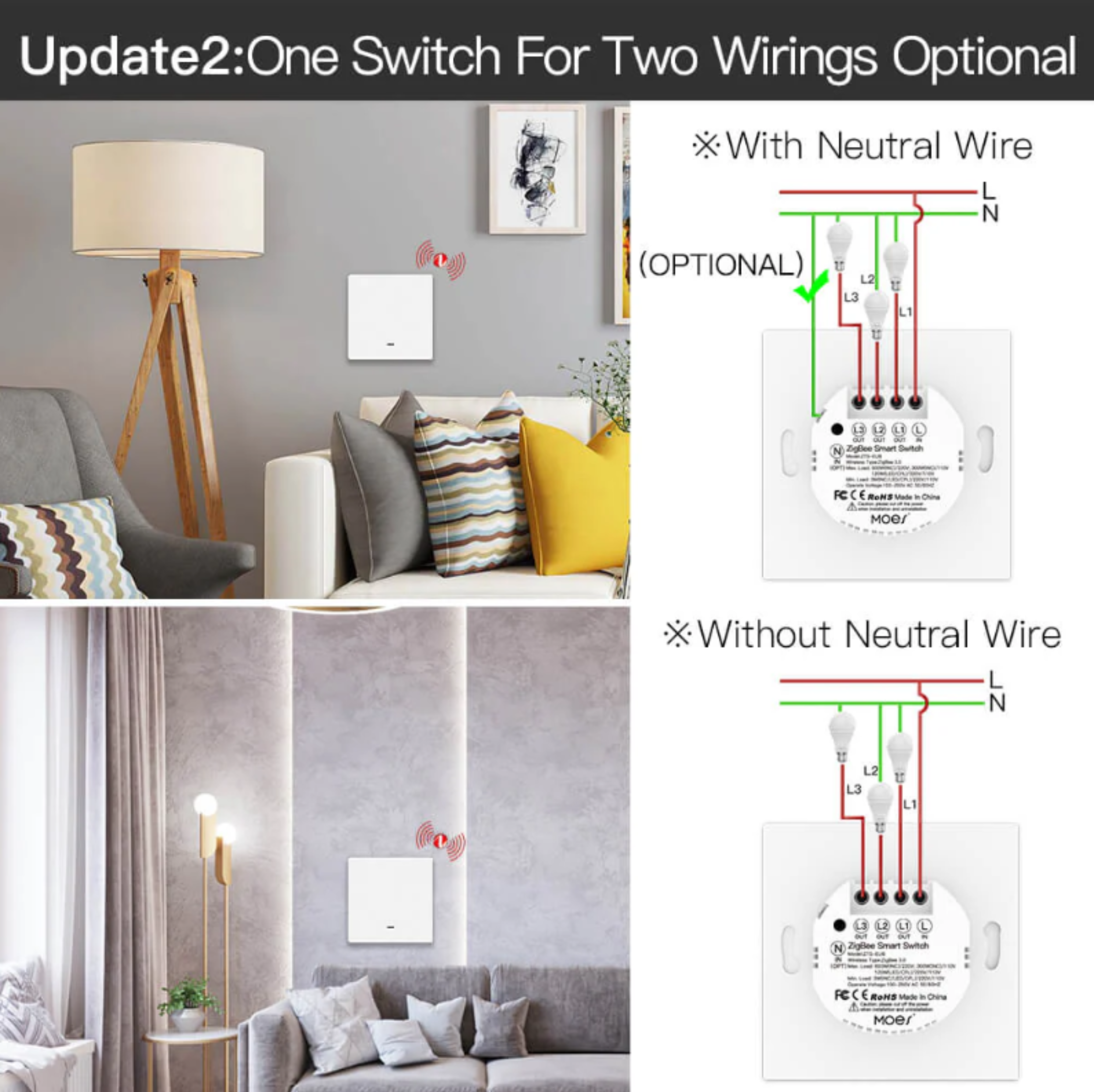 MOES ZigBee 1/2/3 Gang Smart Push Button Light Switch Multi-Control Neutral Wire Optional EU